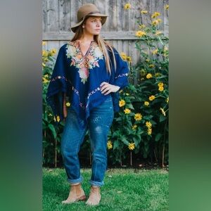 Vintage blue embroidered poncho (no tags), one size
